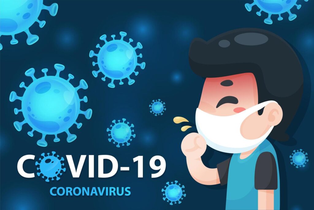 covid 19 poster with sick cartoon man vector
